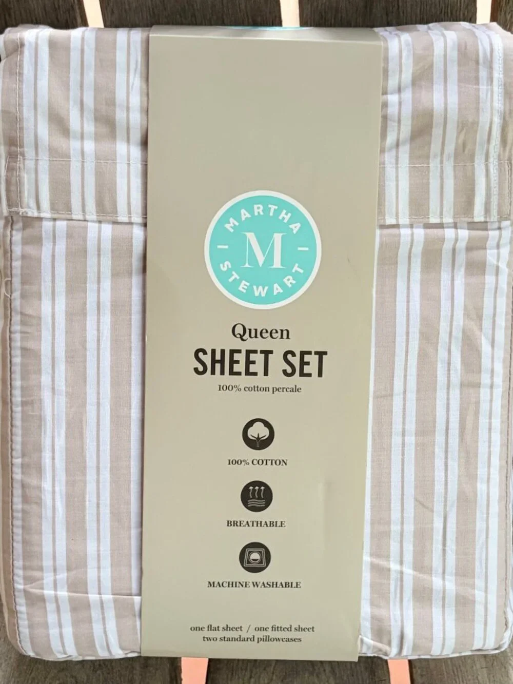 Martha Stewart Queen Size BEIGE BILLIE STRIPE Cotton Percale Sheet Set